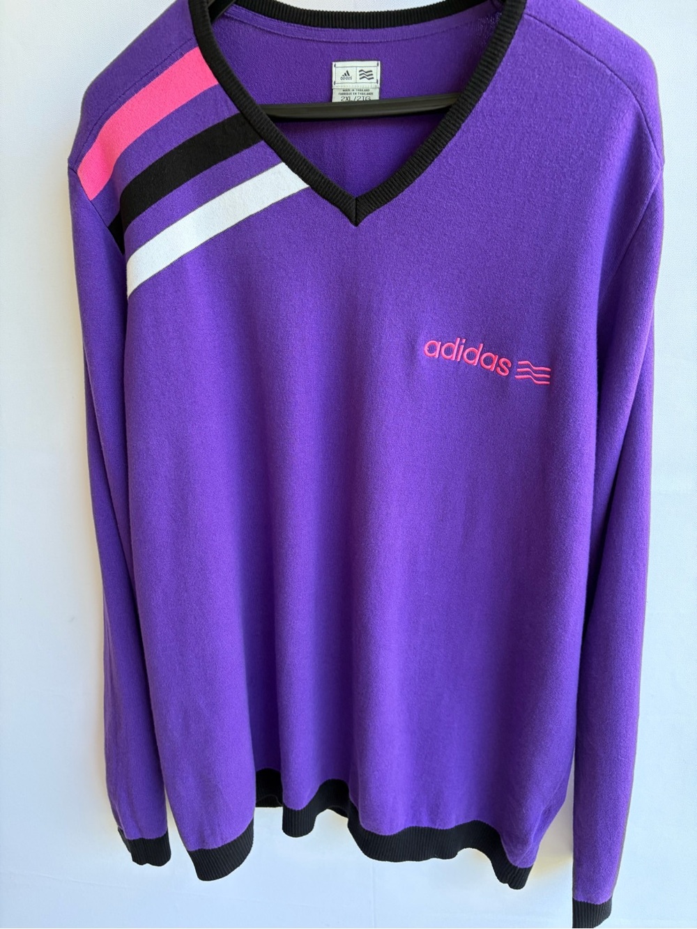 Vtg Adidas V-Neck Striped Knit Sweater Purple Pink 2XL RN 88387 CA 40312